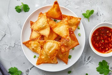 Poster - Crispy fried wonton sheet with sweet chili sauce Asian style top view