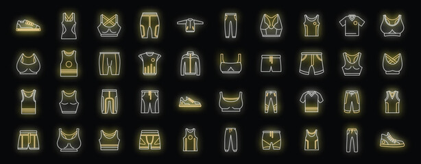 Sticker - Workout fashion icons set outline vector. Athlete body. Wear sport neon color on black