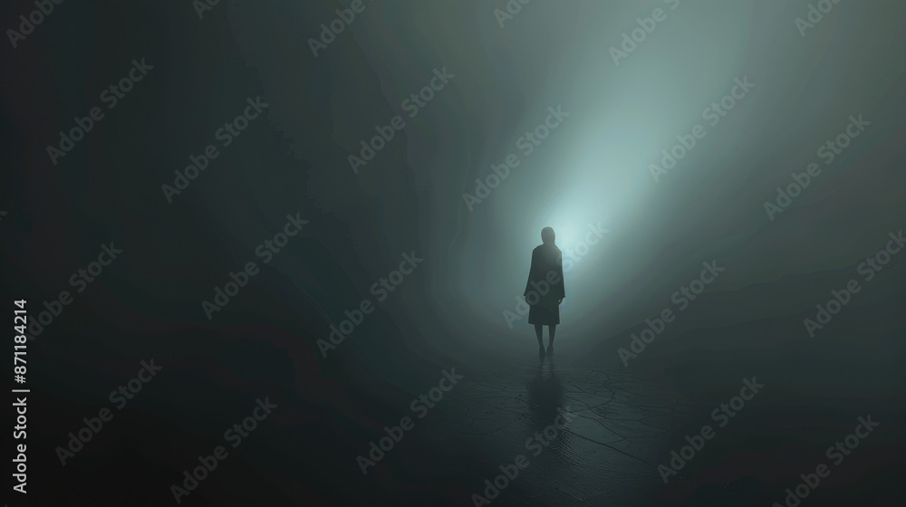 A solitary figure stands in the midst of a foggy, dark environment ...