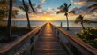 © Nicholas - A beautiful sunset pathway leads to a serene beach lined with palm trees. This tranquil scenery captures the essence of a peaceful evening by the ocean.