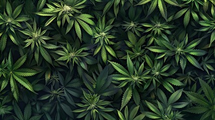 Wall Mural - Vibrant green cannabis leaves featuring a dense arrangement in a top-down view. Perfect for nature-themed projects or educational purposes. Ideal for backgrounds or wallpapers. AI