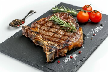 Wall Mural - Florentine T bone steak on black slate plate on white background