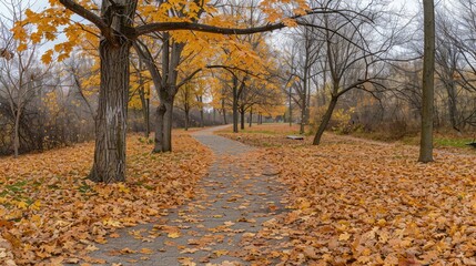 Wall Mural - Autumnal park landscape with fallen leaves, bare trees, and a winding path