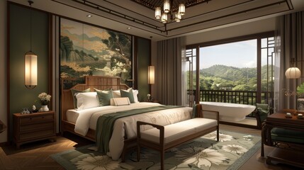 Wall Mural - Modern Asian-Inspired Bedroom with Scenic View. Generative AI.