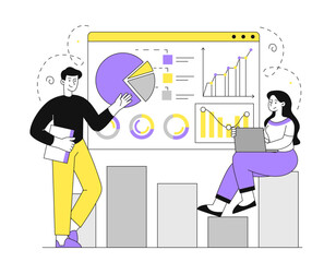 Big data analytics. Man and woman with presentation. Partners evaluate graphs and diagrams and conduct marketing research. Collaboration and cooperation. Linear flat vector illustration