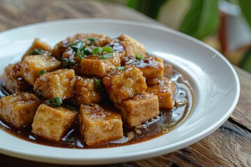 Poster - Fried tofu with gravy on plate healthy