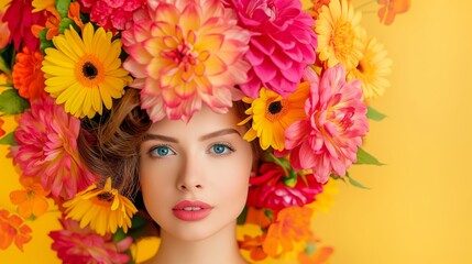 Wall Mural - A woman with a flower crown on her head. The flowers are bright and colorful, and the woman has a beautiful smile. Concept of joy and happiness