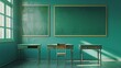 © Nicholas - Stylized depiction of a simple, green-themed classroom with a chair and desks, sunlight streaming in through the window, creating a peaceful and studious atmosphere.
