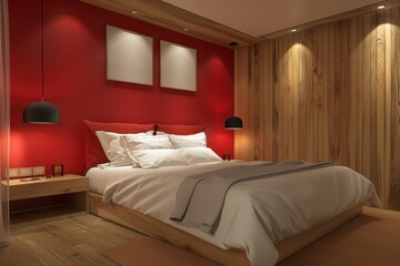 Wall Mural - Warm Bedroom with Red and Wooden Accents. Generative AI.