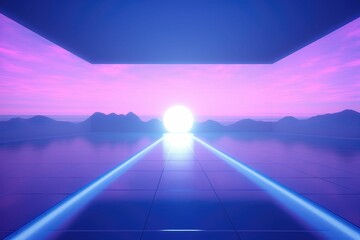 Wall Mural - Futuristic arch tunnel in blue light. 3D rendering of an architectural structure for science fiction and modern design concepts. Futuristic hallway or corridor interior with purple neon color. AIG35.