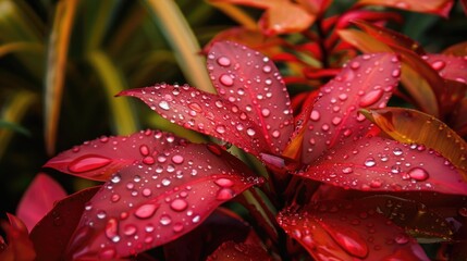 Wall Mural - Close up of water drops on red leaves with Cordyline in the background Ecological Concept