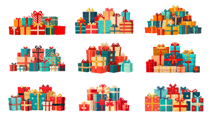 Cartoon piles of gift boxes set. Big present gifts mountains, christmas or birthday colorful wrapped surprise package ribbon vector illustration