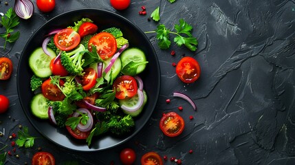 Wall Mural - Fresh and vibrant salad made of tomatoes, cucumbers, red onions, and greens in a black bowl. A colorful mix of healthy vegetables perfect for promoting a healthy diet and lifestyle. AI