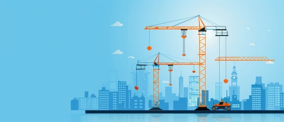 Wall Mural - Illustration of cranes constructing modern city skyline with blue sky, representing urban development and construction industry.