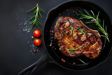 Poster - Grilled pork steak in frying pan on black background with copy space top view flat lay food