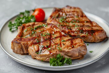 Poster - Grilled pork steak on gray background High quality image