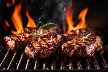 Poster - Grilling beef steaks with flames