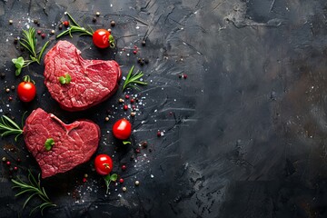 Poster - Heart shaped beef steaks with spices on a stone background