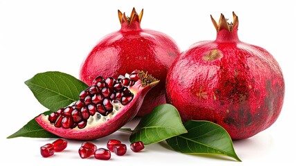 Wall Mural - Fresh Pomegranates with Green Leaves