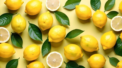 Lemons on a yellow background, top view