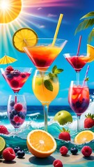 Wall Mural - Colored alcoholic cocktails against the background of the ocean