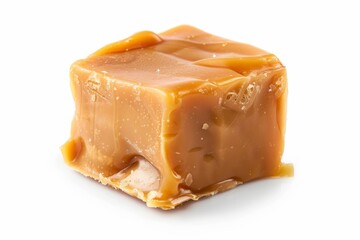 Poster - Homemade salted caramel candy on white background Rich butterscotch toffee macro Top view