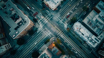 Big city environment, intersection in the middle of a big city, drone view