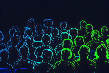 Wall Mural - Neon illustration of an audience at a whistling competition in retro style isolated on black background.