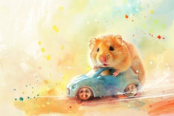 watercolor illustration adorable small hamster on blue toy car, on yellow background with copy space