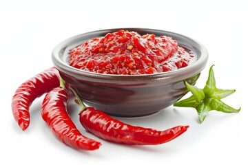 Wall Mural - Isolated chilli pepper and sauce bowl on white background