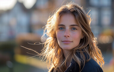 Wall Mural - A portrait of a young woman with blonde hair looking directly at the camera in an urban setting, with the sun shining down on her