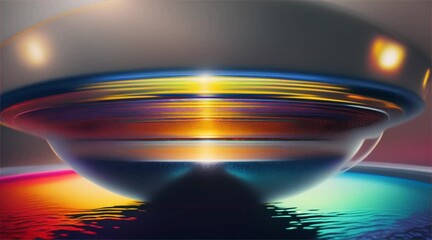 Wall Mural - Saucer hovering above a pool of chromatic metallic liquids with paint drips