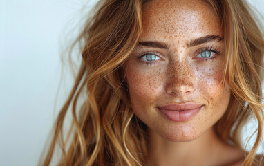 Wall Mural - A close-up portrait of a young woman with freckles and blue eyes, smiling softly at the camera