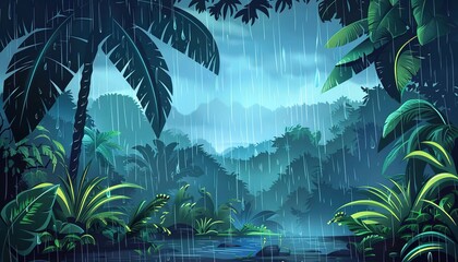 Wall Mural - Lush Tropical Rainforest Under Heavy Rain