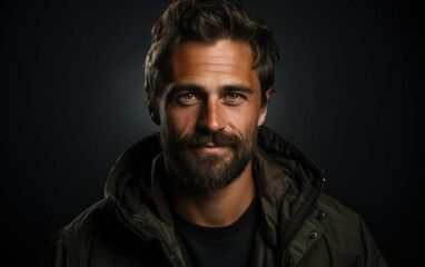 Wall Mural - A close-up portrait of a man with a beard smiling confidently at the camera. The image is taken in a studio setting with a dark background