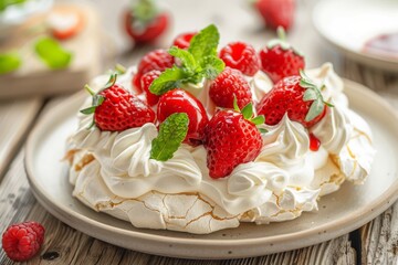 Wall Mural - pavlova creamy with white plate and wooden background