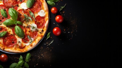 Pizza mozzarella tomatoes and basil leaf with dark background