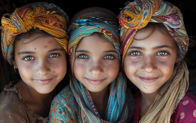 Three young Berber girls in Morocco, smiling and looking at the camera, wear colorful head scarves and traditional clothing