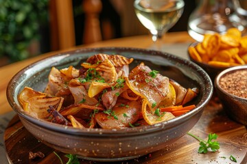 Sticker - Pig ears appetizer with potato chips and carrot