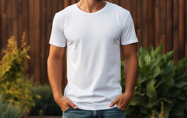 A young man stands outside, wearing a white t-shirt and jeans. He has his hands in his pockets, and the background is a wooden fence and green foliage