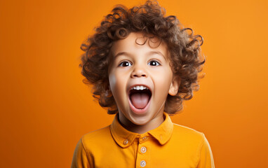 A young toddler boy with curly brown hair is excitedly shouting into a megaphone in front of a bright orange backdrop