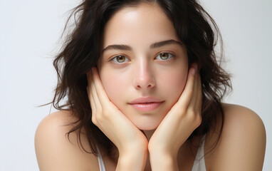 a young woman with brown hair and green eyes touches her face gently, looking directly at the camera