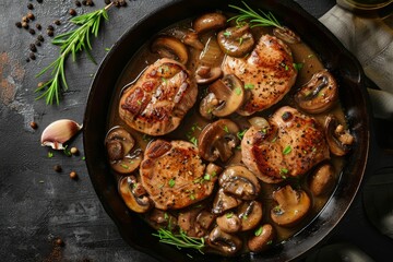 Poster - Pork medallions with mushroom sauce in cast iron pan on dark stone surface Overhead view