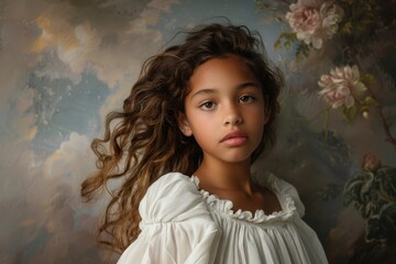 Wall Mural - A young girl posing in a white dress, ready for her photo shoot