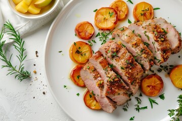 Poster - Pork tenderloin with quince or apple slices on white plate viewed from above