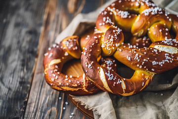 A soft pretzel with salt on a rustic table