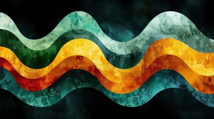 Wall Mural -  A modern and minimalistic design, wavy lines in green and yellow, arranged to form a flowing composition that suggests nature and growth, The dark background