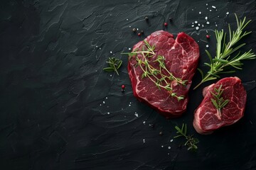 Wall Mural - Raw beef tenderloin steaks with thyme and rosemary on black background Top view with copy space