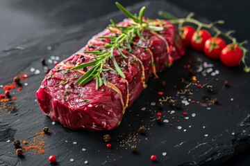 Wall Mural - Raw beef tenderloin with spices on black