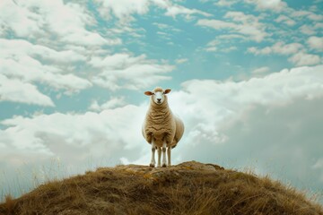 Canvas Print - A sheep stands on top of a grass-covered hill, enjoying the view